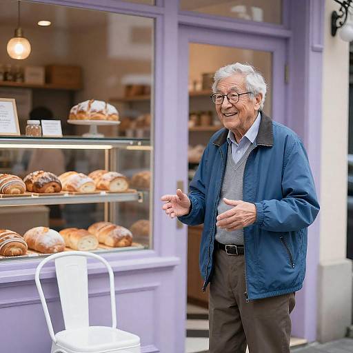 Elderly Man Outside Pastel Purple Bakery