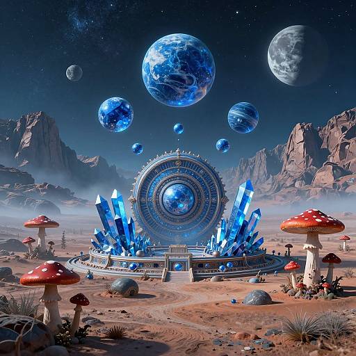 Digital art of a mystical desert with glowing blue crystals, red mushrooms, and floating planets under a starry night sky.