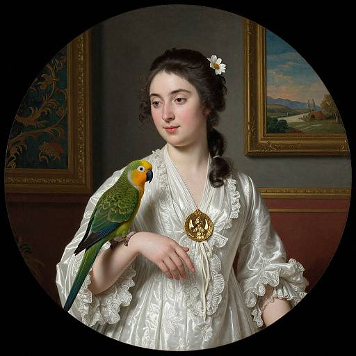 Photograph-style painting of a pale-skinned, dark-haired woman in a white, frilled dress, holding a green parakeet with a yellow