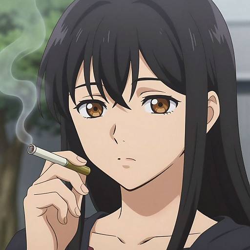 Anime-style digital drawing of a serious young woman with long black hair, brown eyes, smoking a cigarette, with a blurred outdoor background.