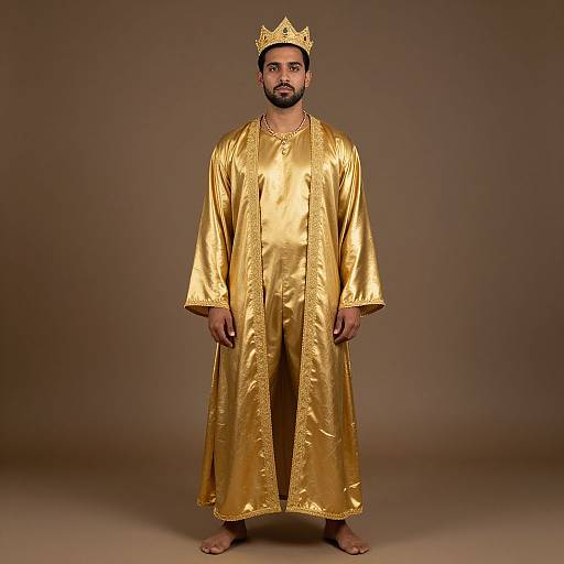 Photograph of a bearded man with dark skin wearing a gold, long-sleeved robe and a gold crown, barefoot, standing against a