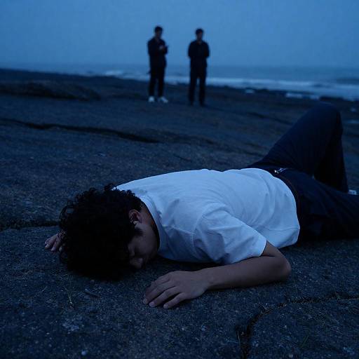 Man Lying on Rocky Beach at Dusk