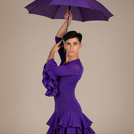 Photograph of a young man with short black hair, wearing a vibrant purple dress with ruffled layers, holding an open purple umbrella above his head against
