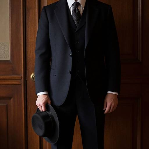 Photograph of a man in a black three-piece suit, white shirt, and patterned tie, holding a black bowler hat, standing in front