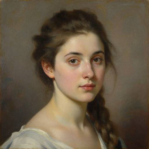 Classical portrait painting of a young woman with fair skin, brown eyes, and brown hair in a braid, wearing a white blouse, against a
