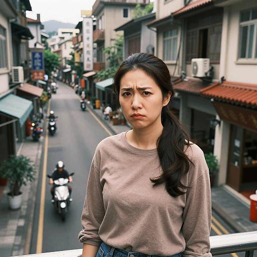Photograph of an Asian woman with long black hair, wearing a beige sweater, standing on a narrow, urban street with motorbikes, buildings,