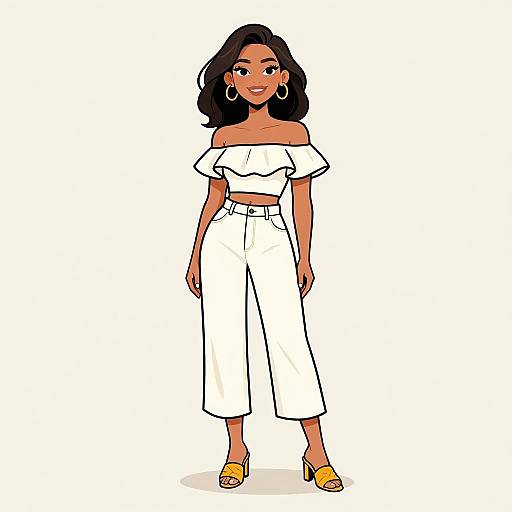 Digital illustration of a smiling Black woman with wavy dark hair, wearing white off-shoulder top, high-waisted pants, yellow heels,