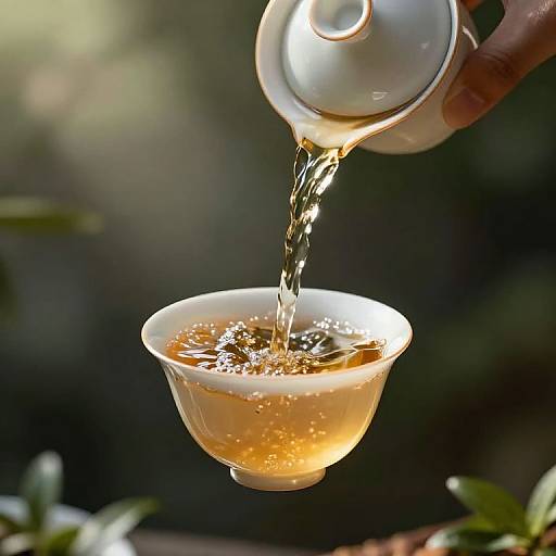 Photograph of a white teacup being filled with golden tea from a white ceramic teapot, sunlight highlighting the liquid's bubbles.