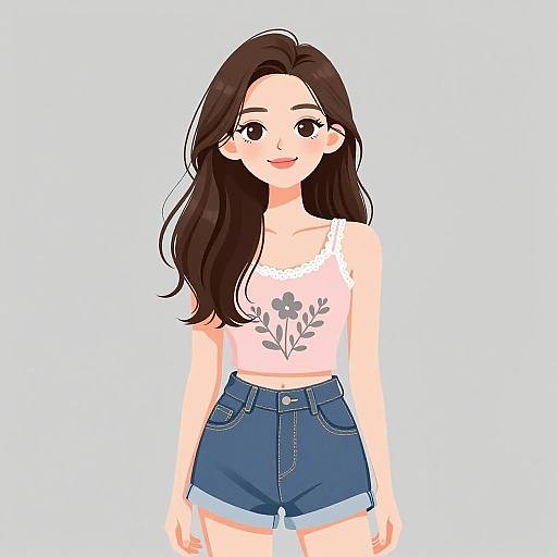 Digital anime-style drawing of a young woman with long brown hair, wearing a pink floral crop top and high-waisted blue denim shorts, standing against