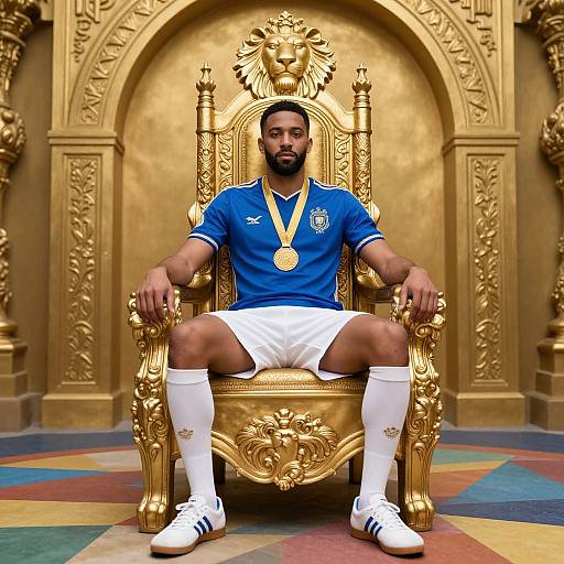 Photograph of a black bearded man with a muscular build, wearing a blue Argentina soccer shirt, white shorts, and gold medal, seated on an