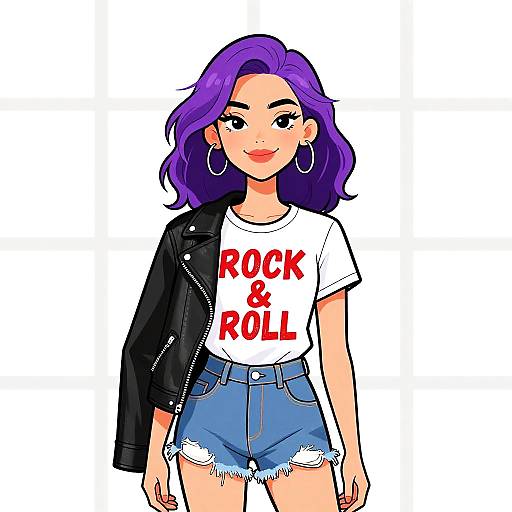 Digital illustration of a smiling woman with purple hair, wearing a black jacket, white 