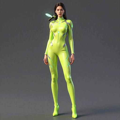 Futuristic Woman in Neon Green Bodysuit with Bioluminescent Firefly