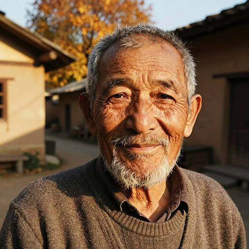 Photograph of an elderly man with graying hair and beard, smiling warmly, wearing a brown sweater, bathed in sunlight, with autumn foliage and