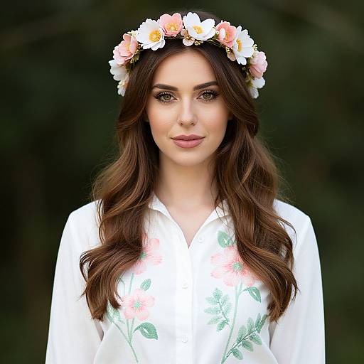 Photograph of a woman with long brown hair, wearing a white floral shirt, and a pink flower crown, against a dark green background.