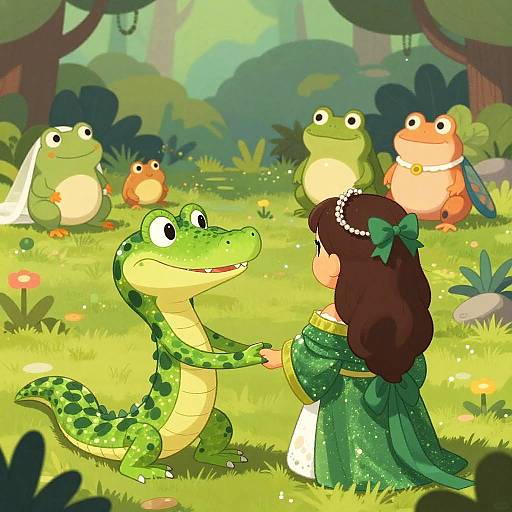 Colorful cartoon forest scene: a green alligator kneels, holding hands with a princess in a green, sparkly dress, surrounded by frogs.