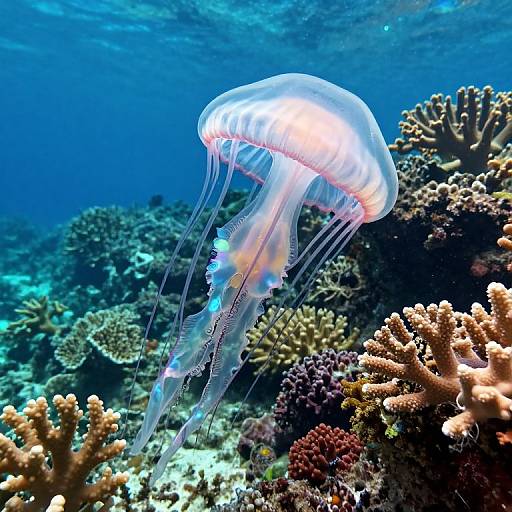 Photograph of a glowing, translucent jellyfish with long, trailing tentacles, floating above a vibrant coral reef in a deep blue ocean.