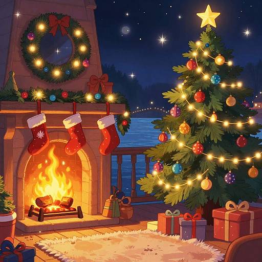 Magical Christmas Riverside Pier Cartoon