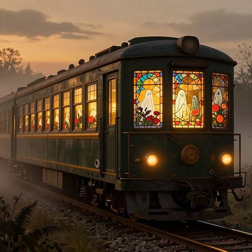 Photograph of a vintage train at sunset, illuminated by colorful stained glass windows depicting angels and flowers, on a foggy railway.