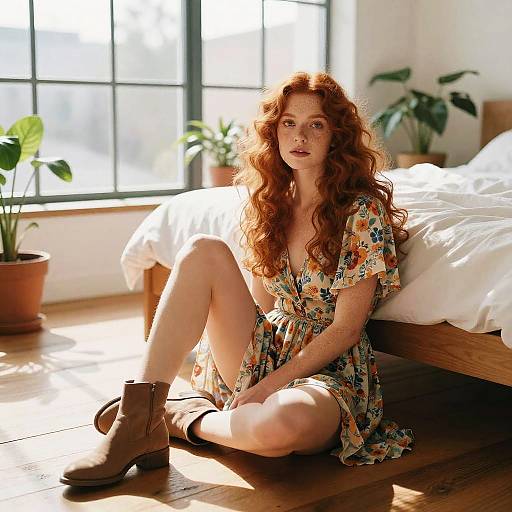 Photograph of a red-haired woman with freckles, wearing a floral dress and brown boots, sitting on wooden floor by sunlit bed in a