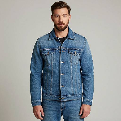 Photograph of a bearded Caucasian man with short brown hair, wearing a blue denim jacket and matching jeans, standing against a plain white background.