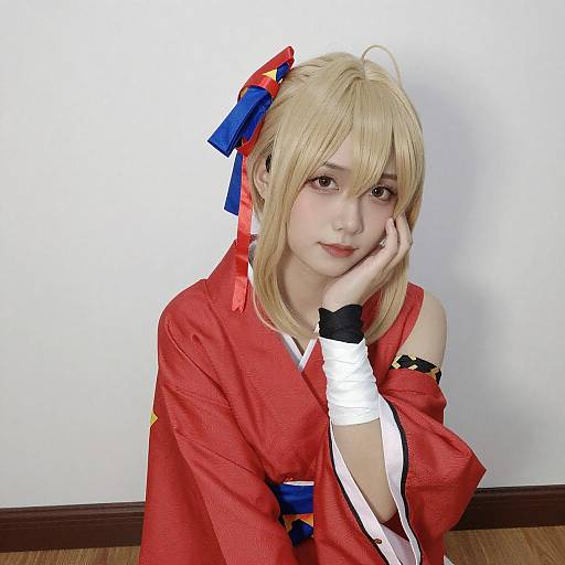 Young Blonde Woman in Cosplay Kimono