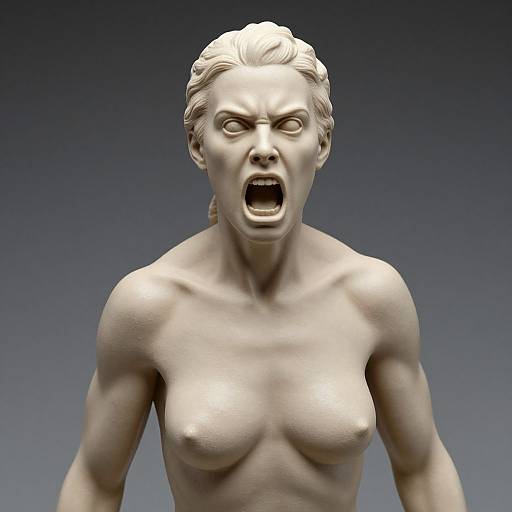 Photorealistic CGI of a topless, angry, marble statue with wild eyes and open mouth, against a gradient blue background.