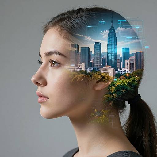 Photograph of a young woman in profile with long dark hair, cityscape and digital icons merging into her hair, against a gray background.