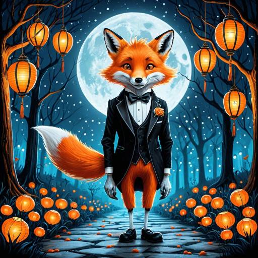 Anthropomorphic Fox in Vintage Tuxedo with Lanterns