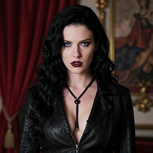Photograph of a pale-skinned woman with long black wavy hair, wearing dark lipstick and a black leather jacket, necklace, in a richly