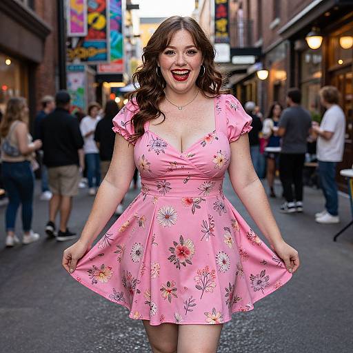Photograph of a smiling, curvy woman with long brown hair, wearing a pink floral dress, standing in a bustling urban street, holding her skirt