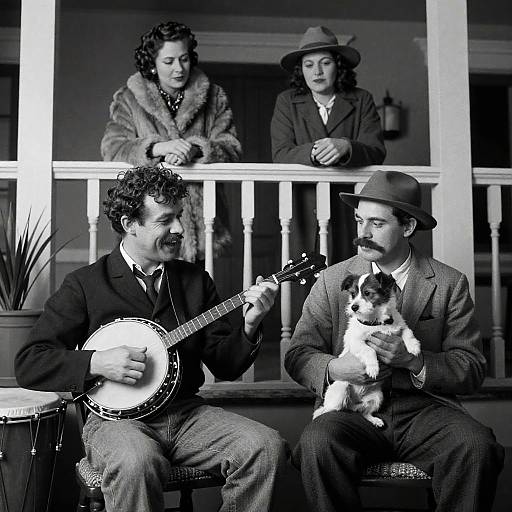 Vintage Black and White Portrait of Group with Banjo and Dog