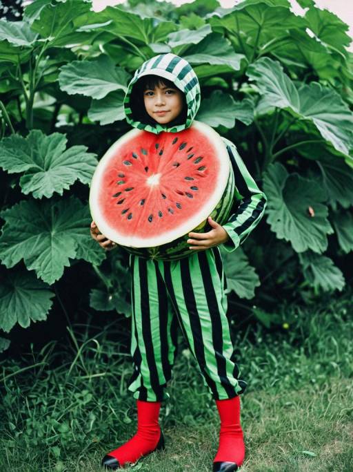 Child in Watermelon Costume in Garden