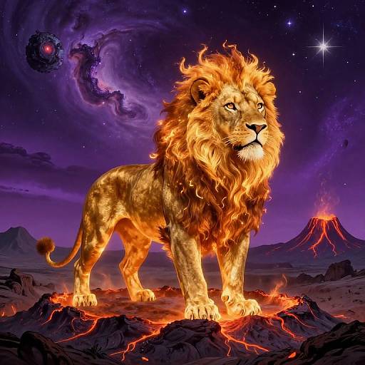 Digital art of a glowing, golden lion with fiery mane standing on lava-covered terrain under a starry, purple cosmos, with a volcano and nebula