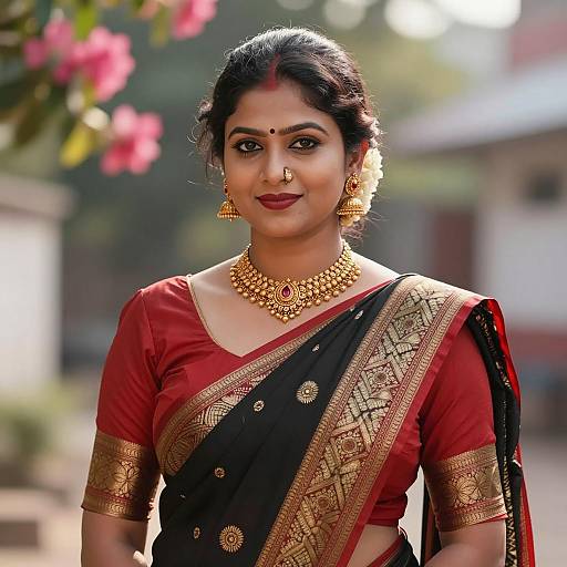 Indian Woman in Traditional Red and Black Saree