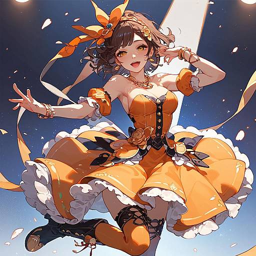 Cheerful Idol Dancing on Stage in Orange Costume