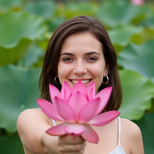 Photograph of a smiling young woman with brown hair, white tank top, and gold hoop earrings, holding a vibrant pink lotus flower in front of
