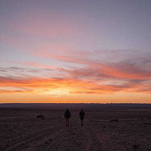 Photograph of two silhouetted figures walking on a desert path during a vibrant sunset, with a colorful sky of oranges, purples, and