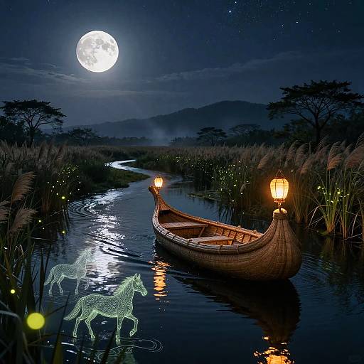 Digital artwork: Moonlit night, glowing full moon, illuminated canoe with lanterns, wireframe horse in water, starry sky, reeds,