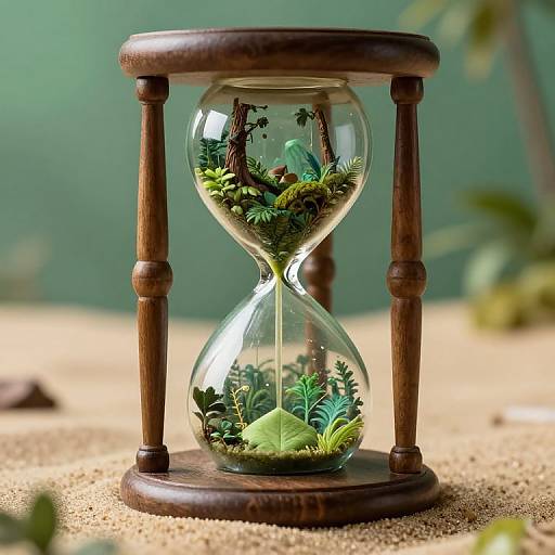 Photograph of a glass hourglass with a wooden stand, filled with miniature green plants, moss, and a small tree, set on a sandy surface