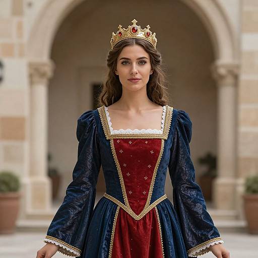 Photograph of a young woman with long brown hair, wearing a gold crown, navy blue and red velvet gown with gold trim, standing in front of