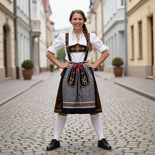 Photograph of a smiling young woman in traditional Bavarian dress, standing confidently on a cobblestone street, with blurred historic buildings in the background.