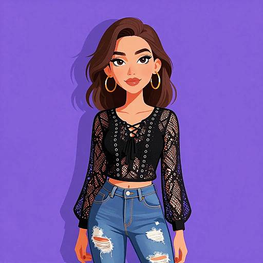 Stylish Woman in Black Lace-Up Blouse and Distressed Jeans