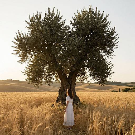 Photograph: Woman in white dress stands before large olive tree in golden wheat field at sunset, with rolling hills in background.