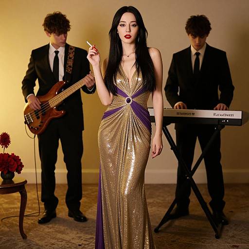 Photograph: Gothic-style woman in gold and purple gown, long black hair, red lipstick, stands center, two curly-haired men in suits play guitar