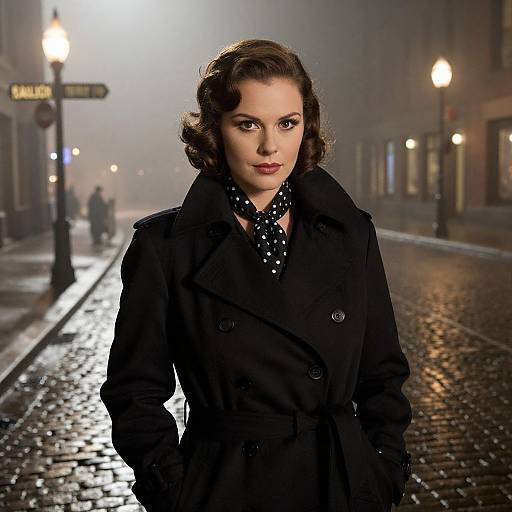 Photograph of a 1940s-styled woman with curled brown hair, wearing a black coat and polka dot scarf, standing on a fog