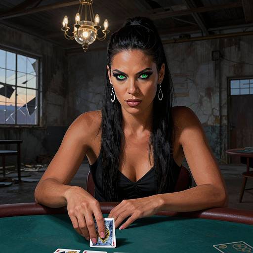 Photograph of a seductive woman with long black hair, green eyes, and black dress, leaning over a poker table, holding a card in an