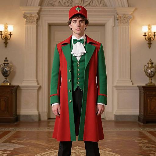 Photograph of a young man in a green and red formal costume with a white bow tie, black trousers, and red hat, standing in an elegant