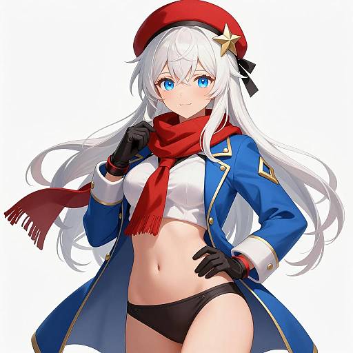 Anime Girl in Blue Coat and Red Beret