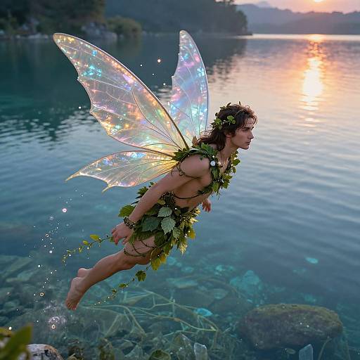 Photograph of a fairy-like woman with iridescent wings, adorned in leaf garland, flying over a tranquil, sunset-lit lake.