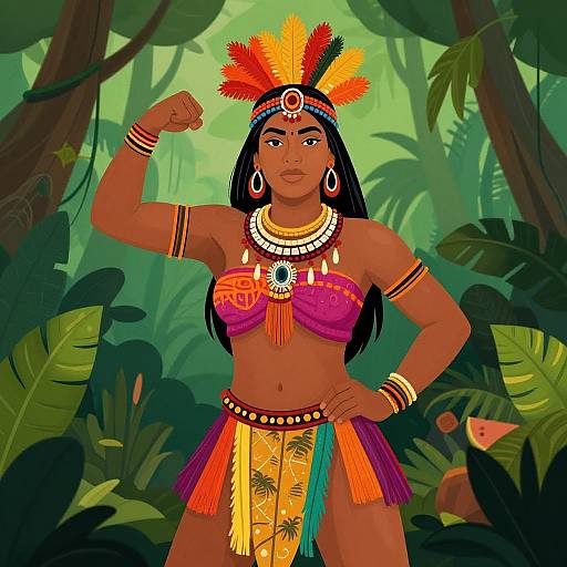 Digital illustration of a confident Indigenous woman in vibrant jungle attire, featuring a colorful headdress, red and gold top, and yellow, orange, and green